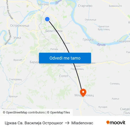 Црква Св. Василија Острошког to Mladenovac map