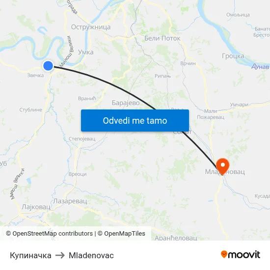Купиначка to Mladenovac map
