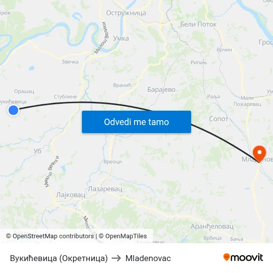 Вукићевица (Окретница) to Mladenovac map