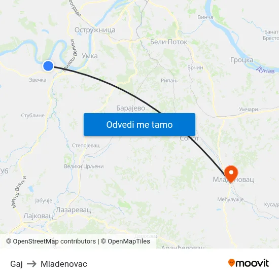 Gaj to Mladenovac map