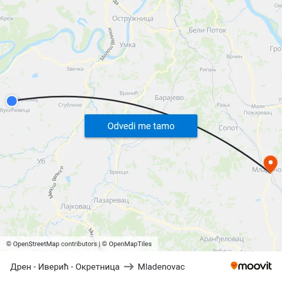 Дрен - Иверић - Окретница to Mladenovac map