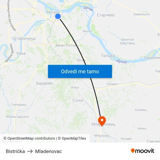 Bistrička to Mladenovac map