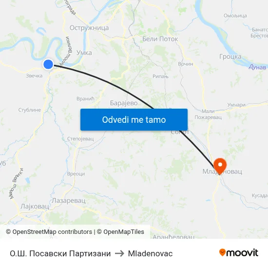 О.Ш. Посавски Партизани to Mladenovac map