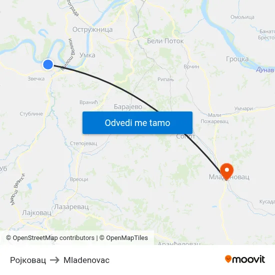 Ројковац to Mladenovac map