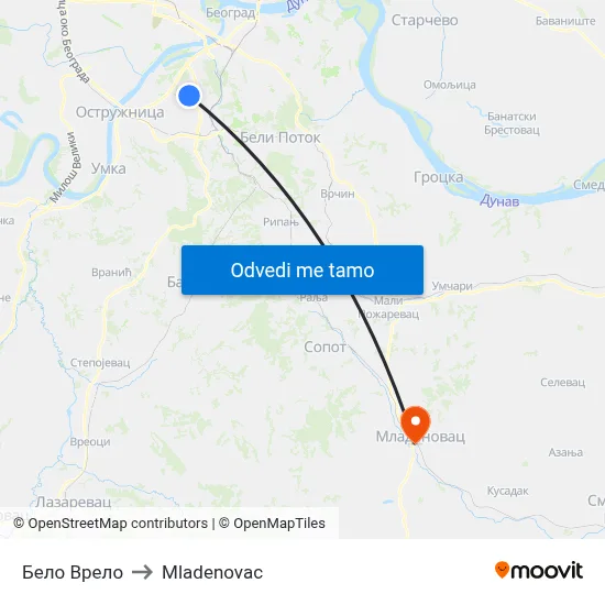 Бело Врело to Mladenovac map