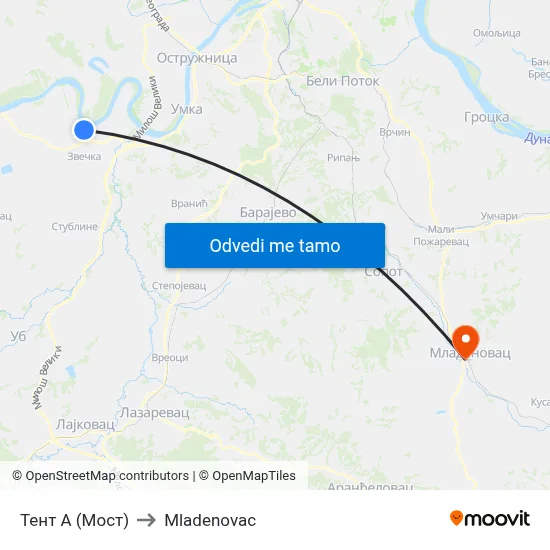 Тент А (Мост) to Mladenovac map