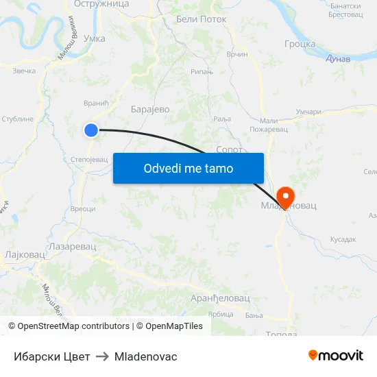 Ибарски Цвет to Mladenovac map