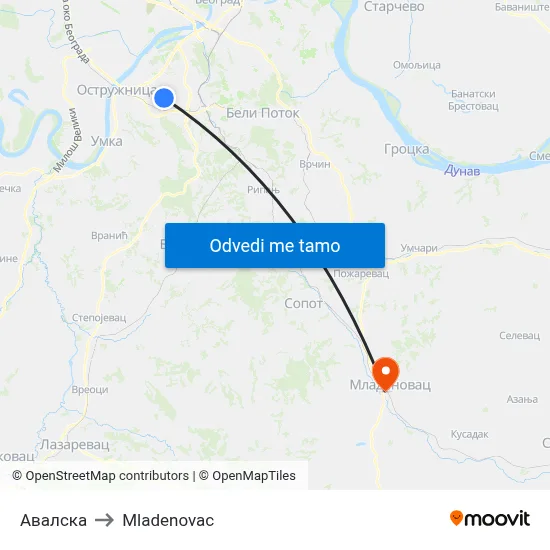 Авалска to Mladenovac map