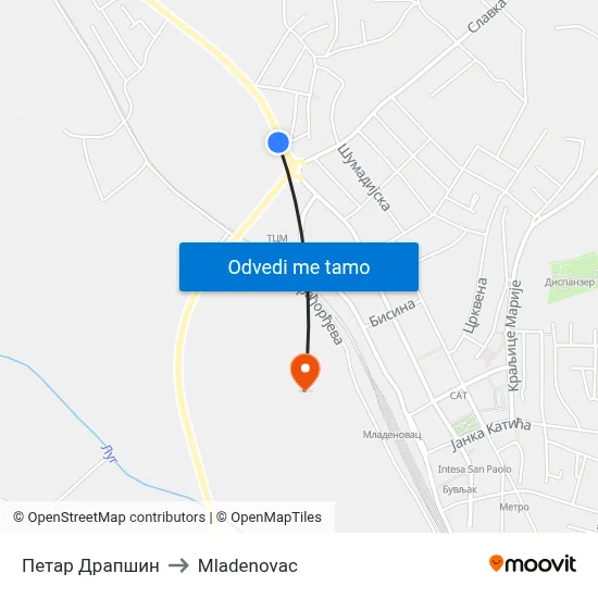 Петар Драпшин to Mladenovac map