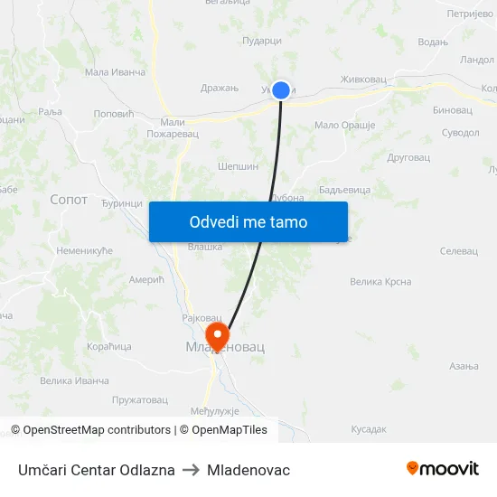 Umčari Centar Odlazna to Mladenovac map