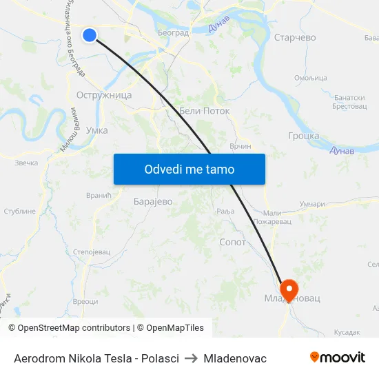 Aerodrom Nikola Tesla - Polasci to Mladenovac map