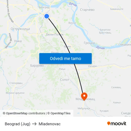 Beograd (Jug) to Mladenovac map