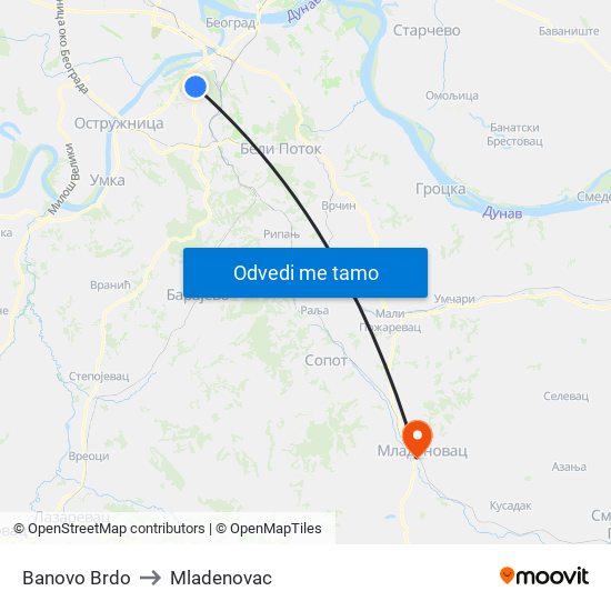 Banovo Brdo to Mladenovac map