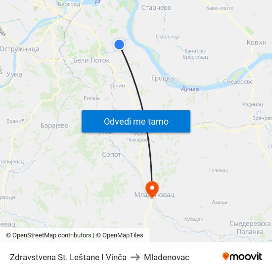 Zdravstvena St. Leštane I Vinča to Mladenovac map