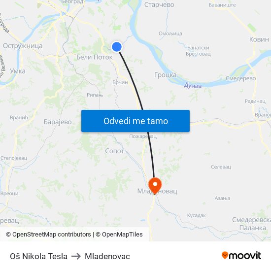 Oš Nikola Tesla to Mladenovac map