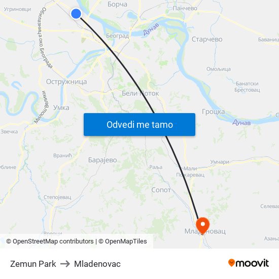 Zemun Park to Mladenovac map