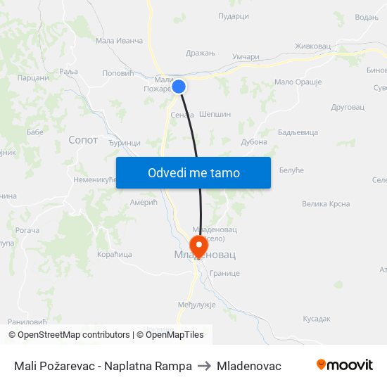 Mali Požarevac - Naplatna Rampa to Mladenovac map