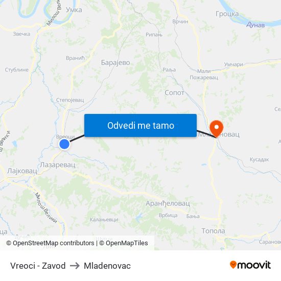 Vreoci - Zavod to Mladenovac map