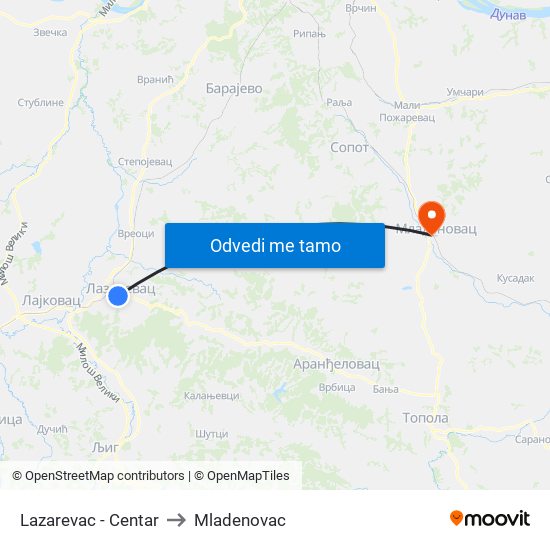 Lazarevac - Centar to Mladenovac map