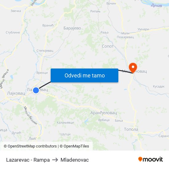 Lazarevac - Rampa to Mladenovac map