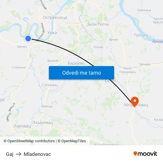 Gaj to Mladenovac map