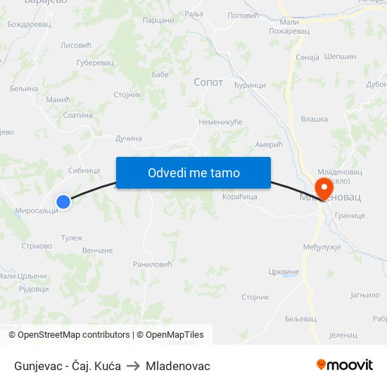 Gunjevac - Čaj. Kuća to Mladenovac map