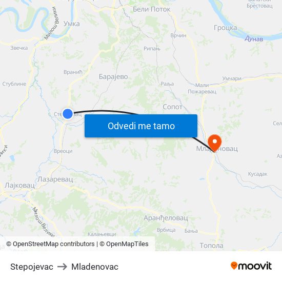 Stepojevac to Mladenovac map