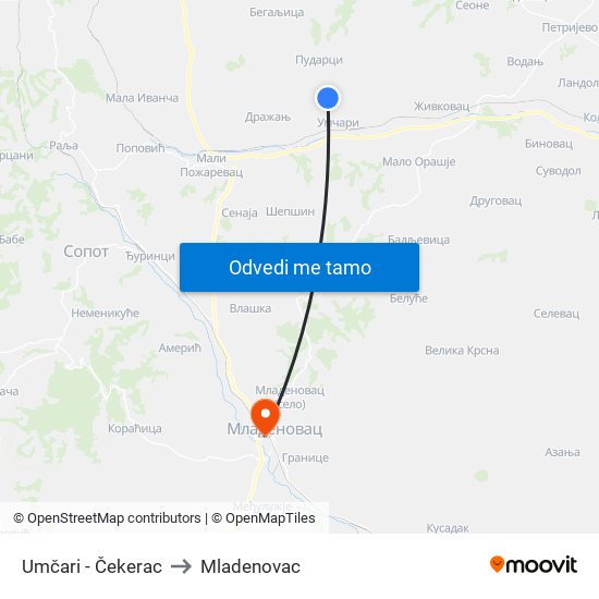 Umčari - Čekerac to Mladenovac map