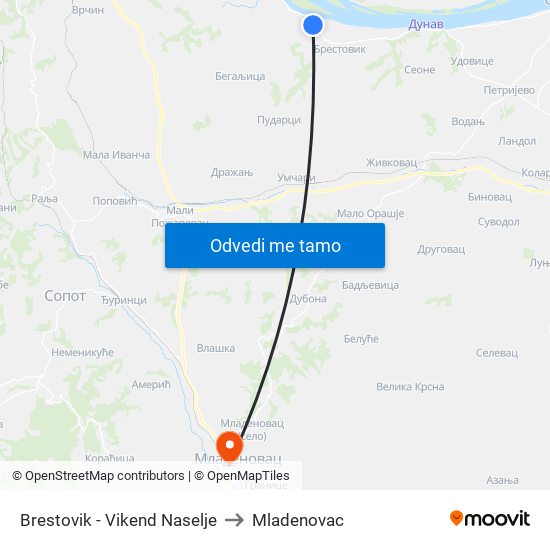 Brestovik - Vikend Naselje to Mladenovac map