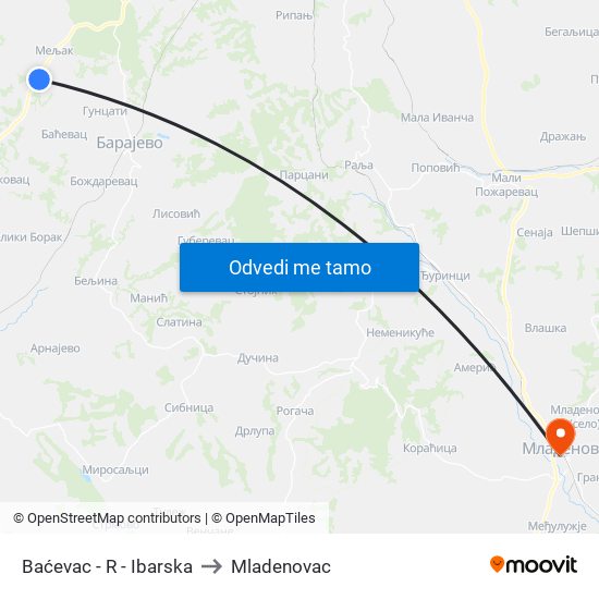 Baćevac - R - Ibarska to Mladenovac map