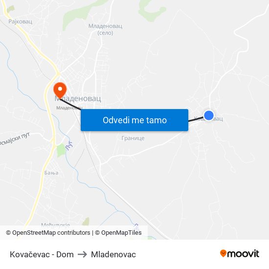 Kovačevac - Dom to Mladenovac map