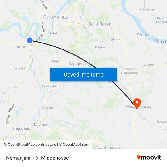 Nemanjina to Mladenovac map