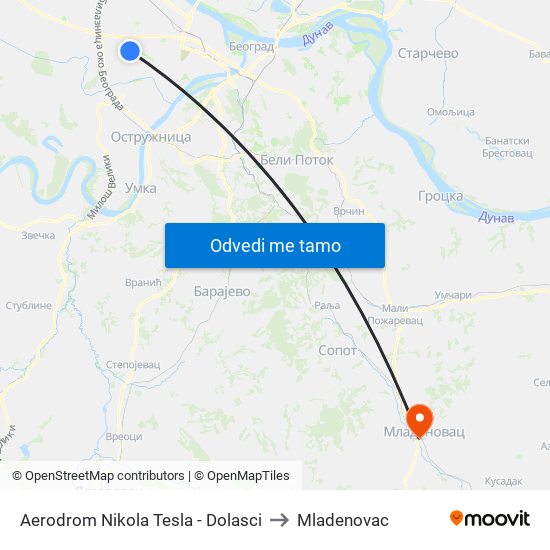 Aerodrom Nikola Tesla - Dolasci to Mladenovac map