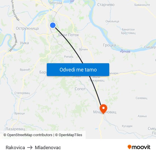 Rakovica to Mladenovac map