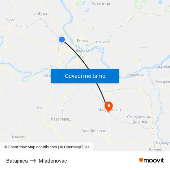 Batajnica to Mladenovac map