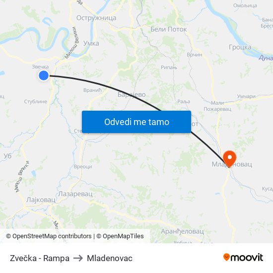 Zvečka - Rampa to Mladenovac map