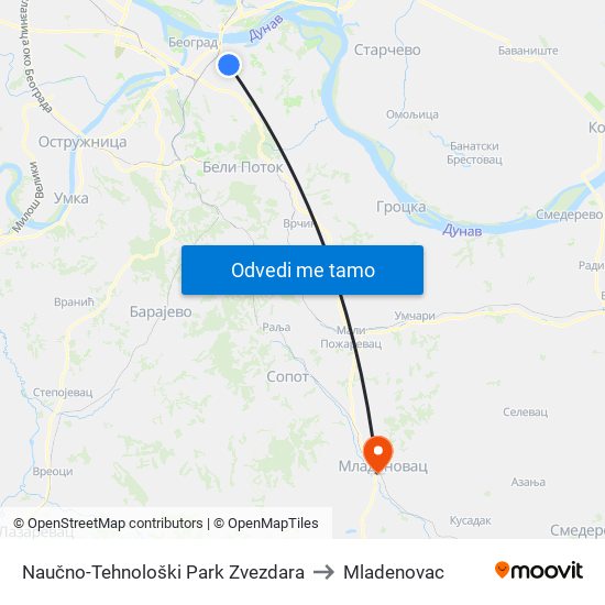 Naučno-Tehnološki Park Zvezdara to Mladenovac map