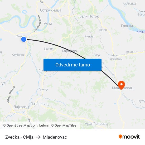 Zvečka - Čivija to Mladenovac map