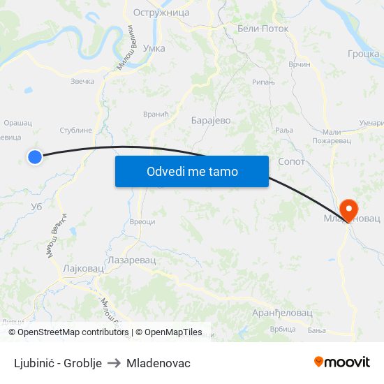 Ljubinić - Groblje to Mladenovac map