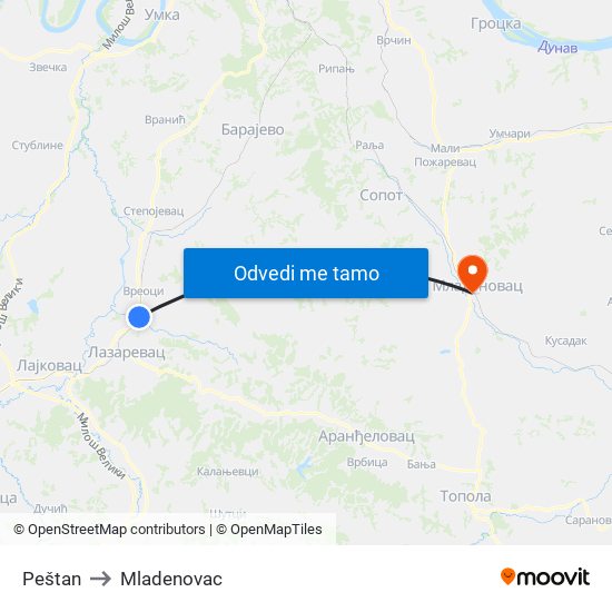 Peštan to Mladenovac map