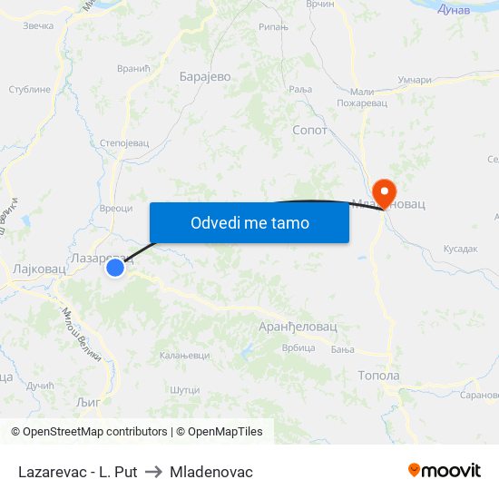 Lazarevac - L. Put to Mladenovac map