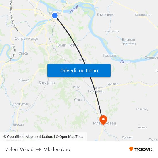 Zeleni Venac to Mladenovac map