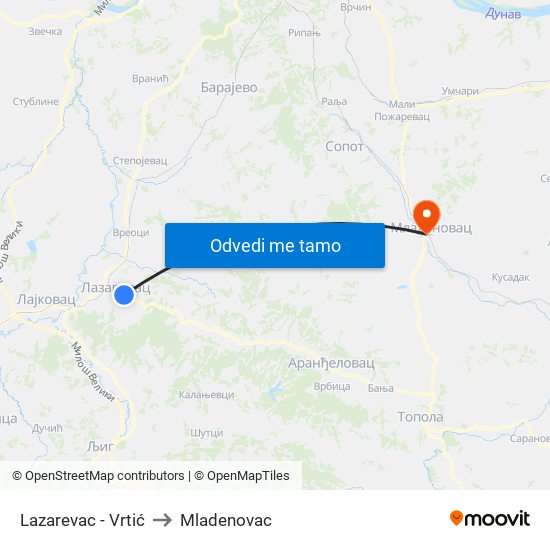 Lazarevac - Vrtić to Mladenovac map