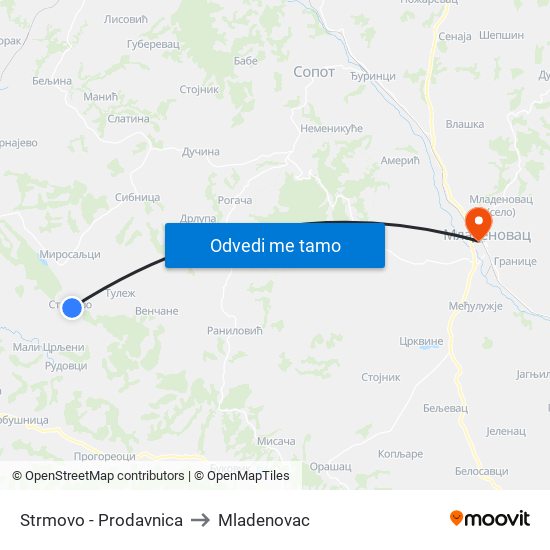 Strmovo - Prodavnica to Mladenovac map