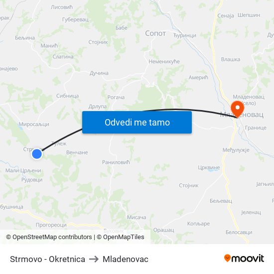 Strmovo - Okretnica to Mladenovac map