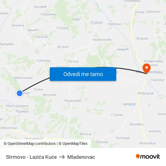 Strmovo - Lazića Kuće to Mladenovac map