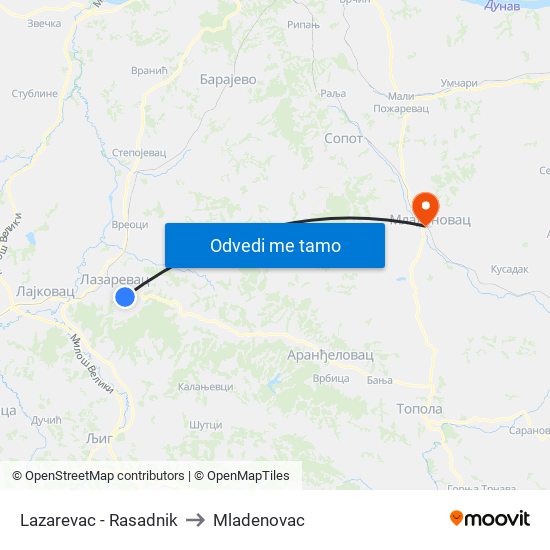 Lazarevac - Rasadnik to Mladenovac map