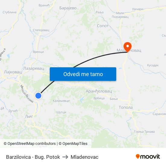 Barzilovica - Bug. Potok to Mladenovac map