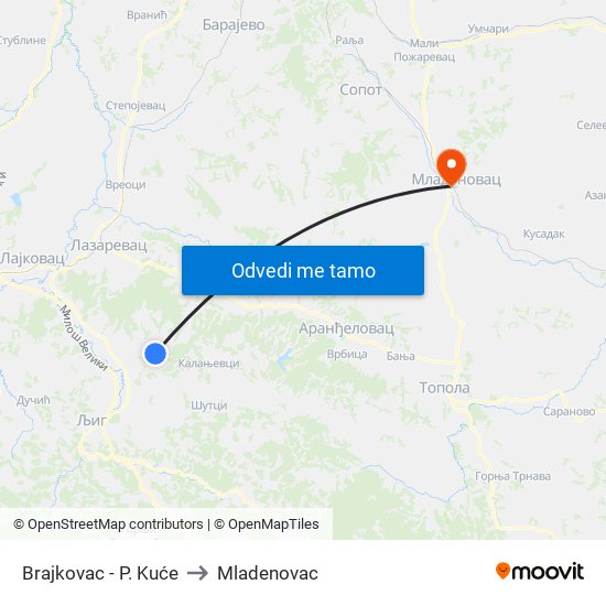 Brajkovac - P. Kuće to Mladenovac map