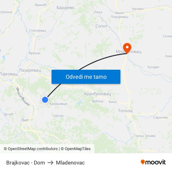 Brajkovac - Dom to Mladenovac map